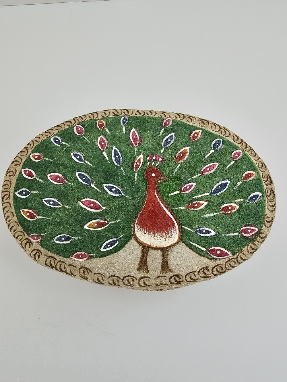 Vintage Tooled Suede Leather Peacock Trinket Box Personalized Adriene Red Velvet